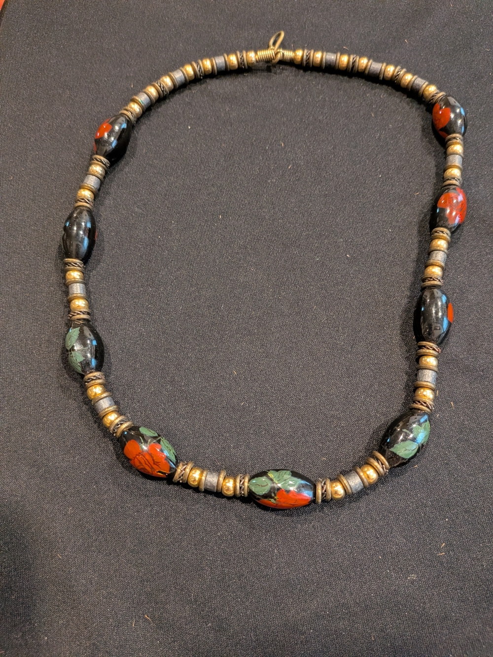 Vintage 2007s Venetian StyleBead Necklace 9.5" with Red and Green Floral Accents